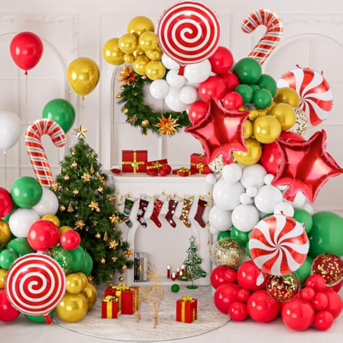 Christmas Balloons Garland Arch Kit, 133Pcs Red Green White Xmas Balloons Different Sizes 18 12 5 Inch With Candy,Cane,Star Foil Balloons For Christmas Party Decorations Indoor