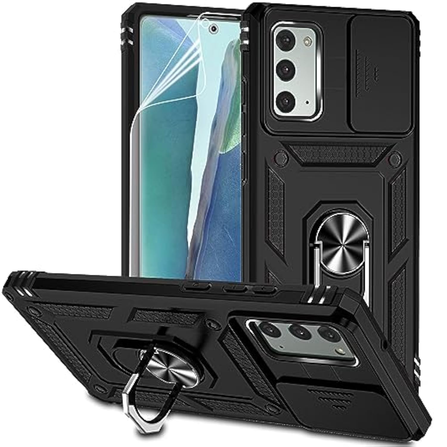 For Samsung Galaxy Note 20 Case With Camera Lens Cover Hd Screen Protector, Military-Grade Drop Tested Magnetic Ring Holder Kickstand Protective Phone Case For Samsung Galaxy Note 20 5G (Black)