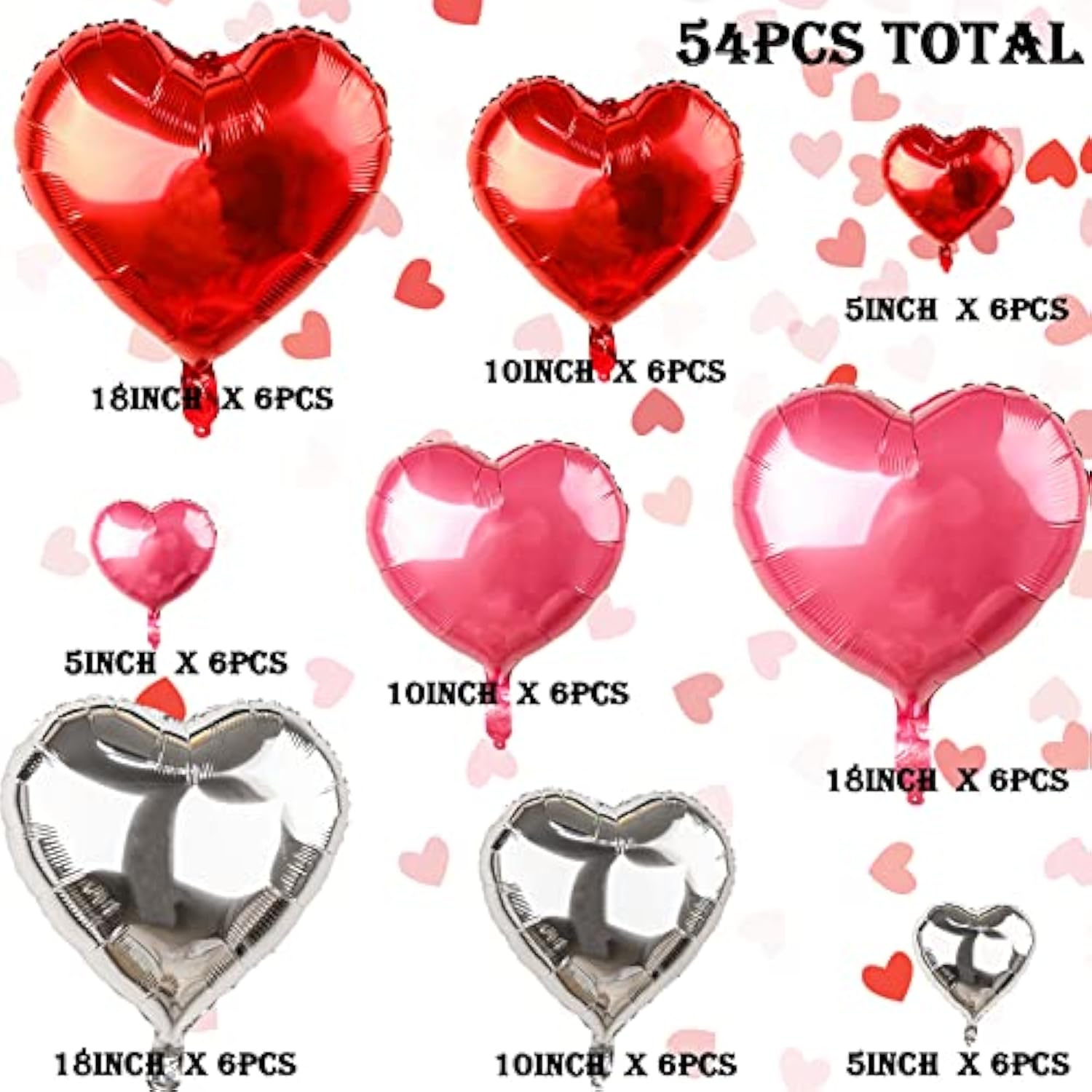 Love Heart Foil Valentines Balloons - 18/10/5 Inch, 54Pcs Mylar Red Heart Shapes For Romantic Decorations