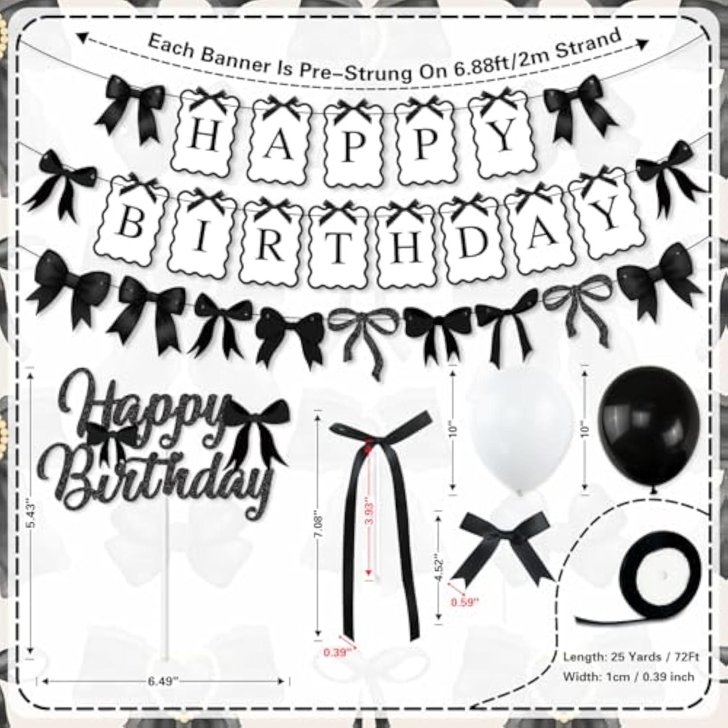 Black Bow Birthday Party Decorations, Bows Happy Birthday Banner Garland, Ribbon Bow Cake & Cupcake Toppers, Black White Balloons And Satin Ribbon For Women Girls Bows Party Decor