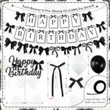 Black Bow Birthday Party Decorations, Bows Happy Birthday Banner Garland, Ribbon Bow Cake & Cupcake Toppers, Black White Balloons And Satin Ribbon For Women Girls Bows Party Decor