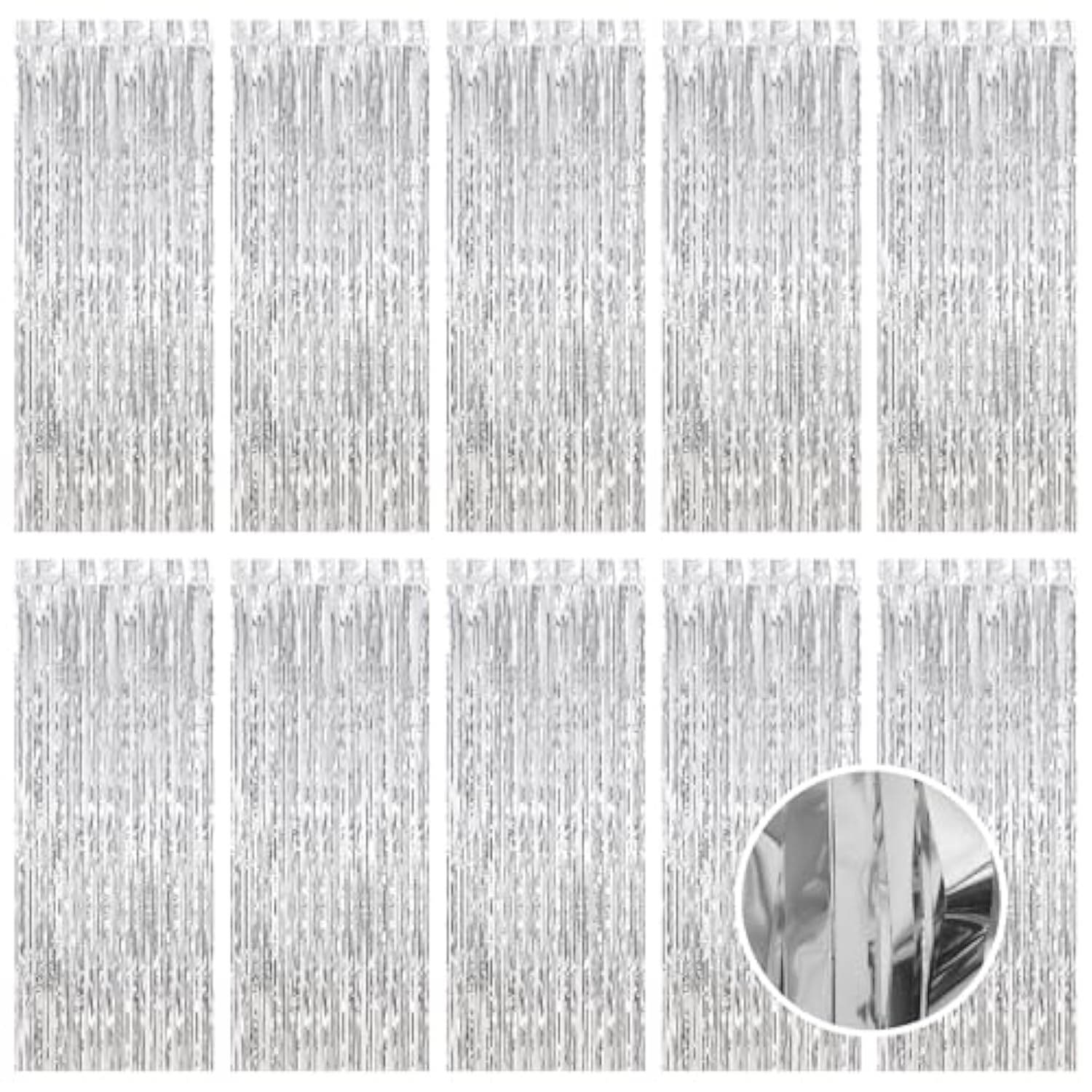 10 Pack Silver Foil Curtain Backdrop 3.2Ft X 9.8Ft Metallic Tinsel Foil Fringe Curtains Streamer Photo Booth Backdrop For Birthday Party Engagement Bachelorette Party Decorations (Silver)