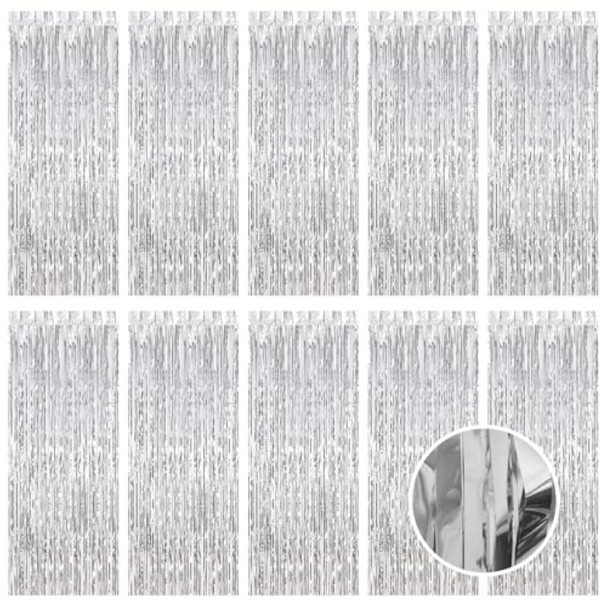 10 Pack Silver Foil Curtain Backdrop 3.2Ft X 9.8Ft Metallic Tinsel Foil Fringe Curtains Streamer Photo Booth Backdrop For Birthday Party Engagement Bachelorette Party Decorations (Silver)