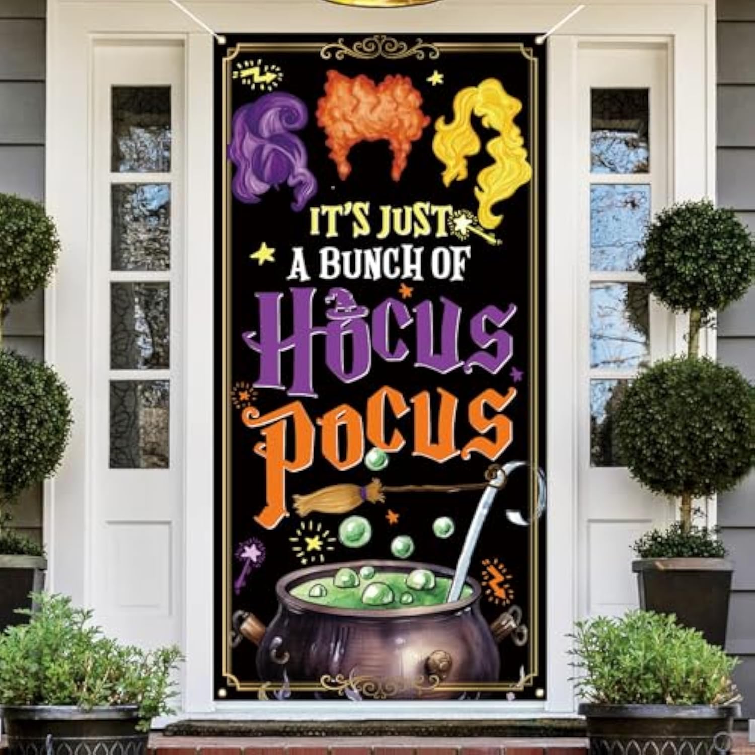 Hocus Pocus Sanderson Sisters Front Door Cover Banner – Spooky Halloween Porch Sign, Home Decorations & Holiday Supplies