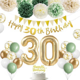 30Th Birthday Decorations For Her Him, 30Th Birthday Decor With Happy Banner, Cake Topper, Number 30 Foil Balloon, Sage Green White Gold Paper Pompoms And Balloons For 30 Year Old Party Decoration