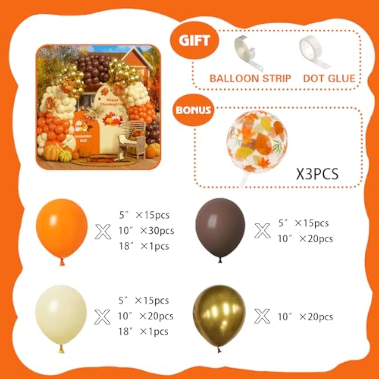 142PCS Fall Balloon Arch Kit Burnt Orange Brown Gold Pumpkin Maple Decor