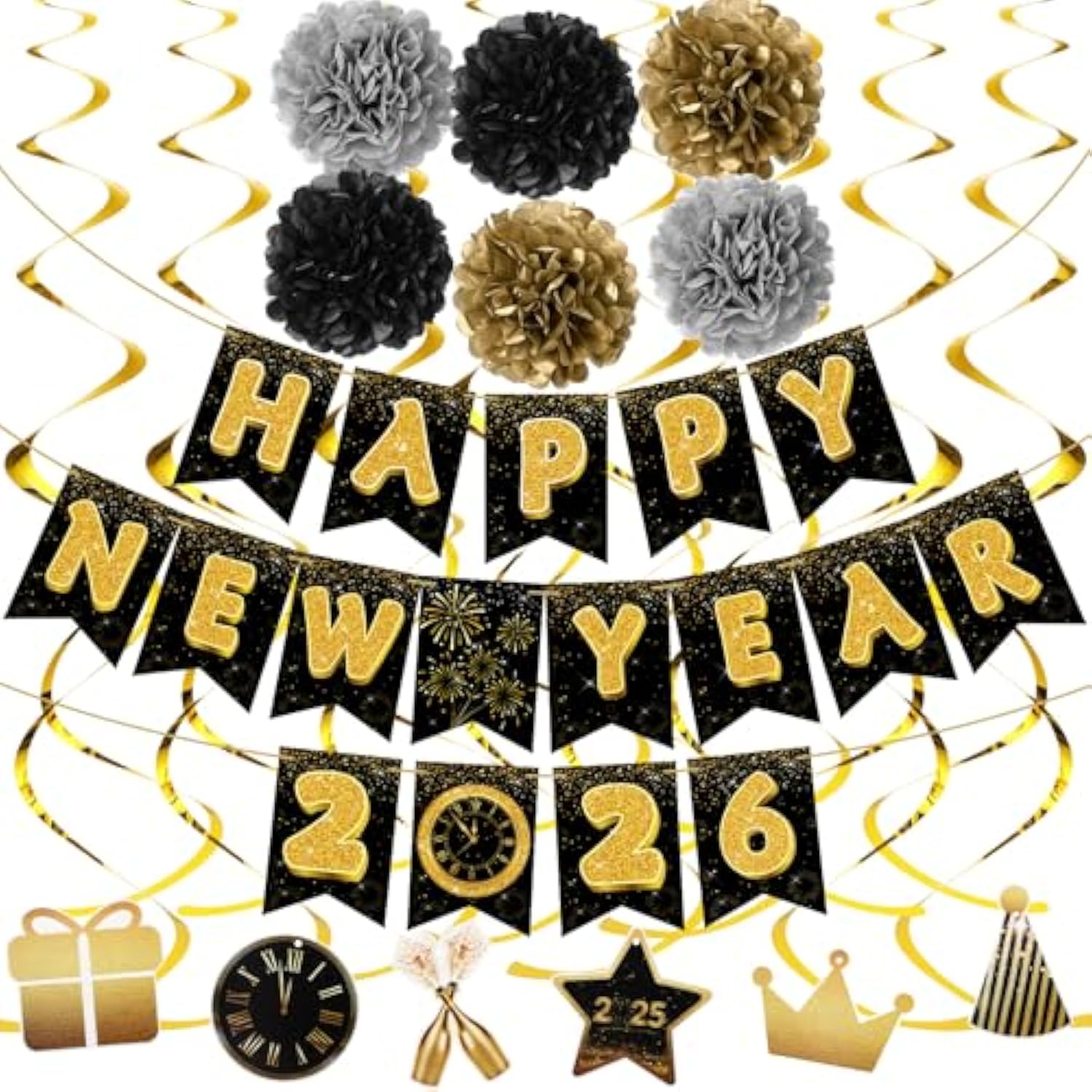 2026 Happy New Year Gold Black Banner with Flowers Flags and Streamers