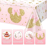 3 Pieces Pink Mouse Birthday Tablecover Gold Mouse Head Cartoon Plastic Party Tablecloth Disposable Table Decoration For Kids Girls