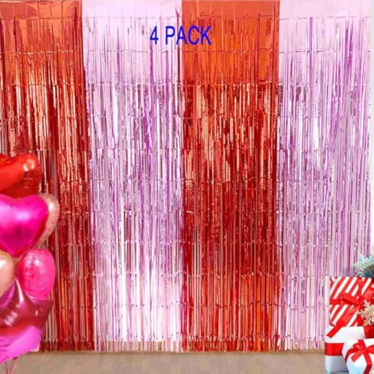 Valentines Backdrop Decorations - 4 Pack Of 3.2X8.2Ft Red Pink Foil Fringe Curtains Streamers Backdrop For Birthday Valentines Decor