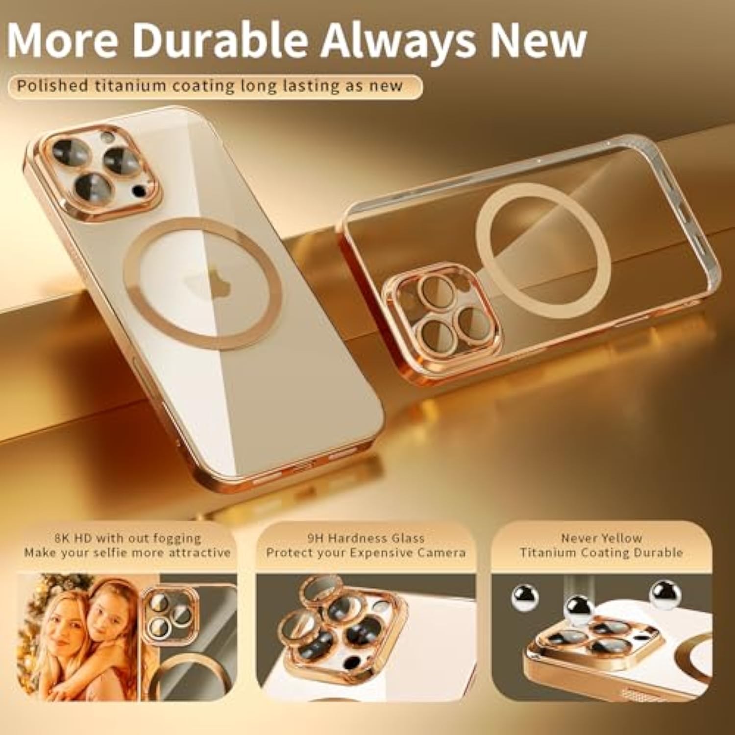 Magnetic Case For Iphone 16 Pro Max Electroplated Clear Tpu Soft Phone Case [Full Camera Lens Protection] Non-Yellowing N56 Magnets Compatible With Magsafe (Desert Titanium Gold)