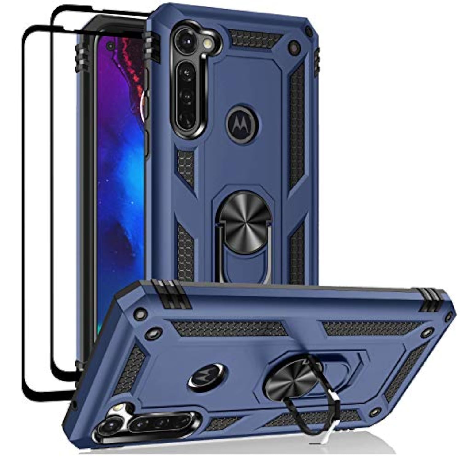 Motorola Moto G Stylus/Pro 2020 Edition Phone Case with Tempered Glass Screen Protectors and Ring Kickstand Car Mount Shockproof Cover, Blue