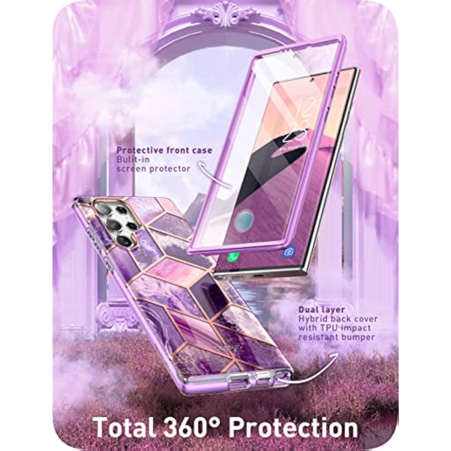 i-Blason Glitter Case for Samsung Galaxy S22 Ultra (6.8 Inch) 5G Mobile Phone Case Bumper Case 360 Degree Protective Case Glossy Cover [Cosmo] with Integrated Screen Protector 2022 Edition (Purple)