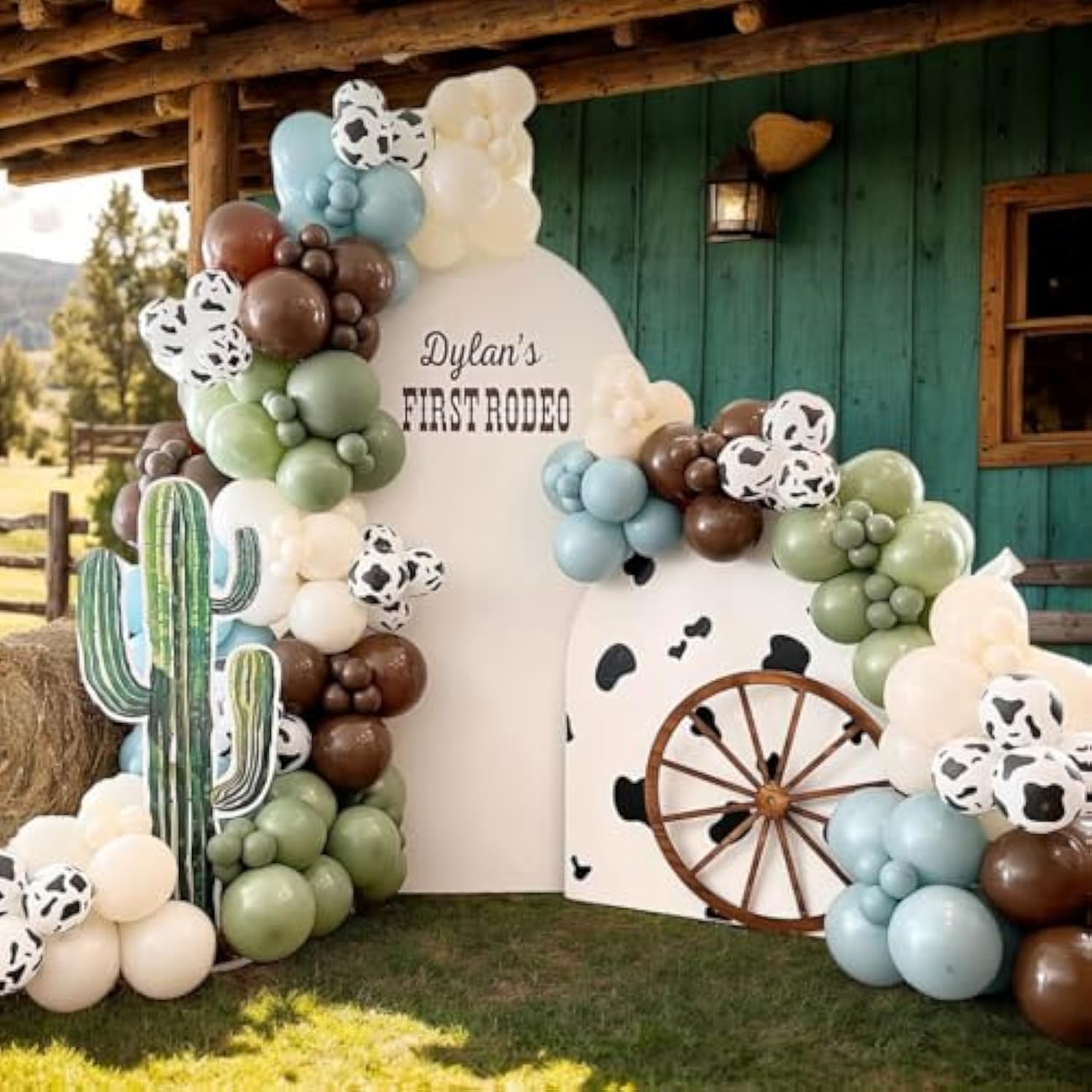 Cow Print Balloon Arch, 153 Pcs Cowboy Party Decoartion Kit - Dusty Sea Blue Oliver Green Dark Coffee Cream Western Farm Cow Balloons Grand For Baby Boy Shower Birthday Rodeo Theme Party Supplies