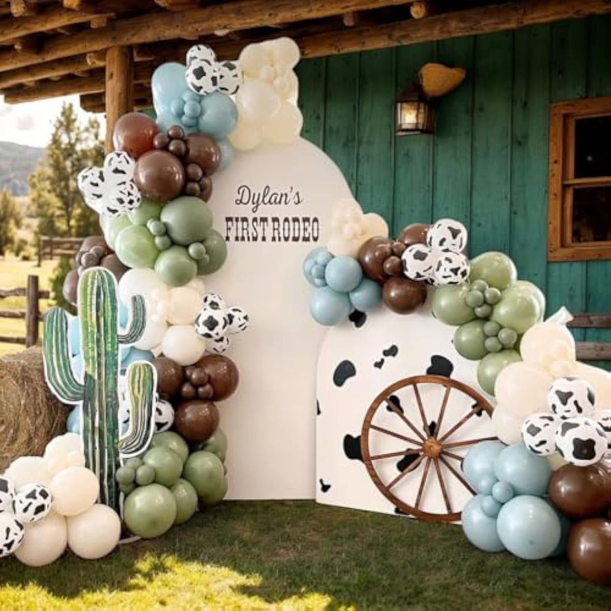Cow Print Balloon Arch, 153 Pcs Cowboy Party Decoartion Kit - Dusty Sea Blue Oliver Green Dark Coffee Cream Western Farm Cow Balloons Grand For Baby Boy Shower Birthday Rodeo Theme Party Supplies