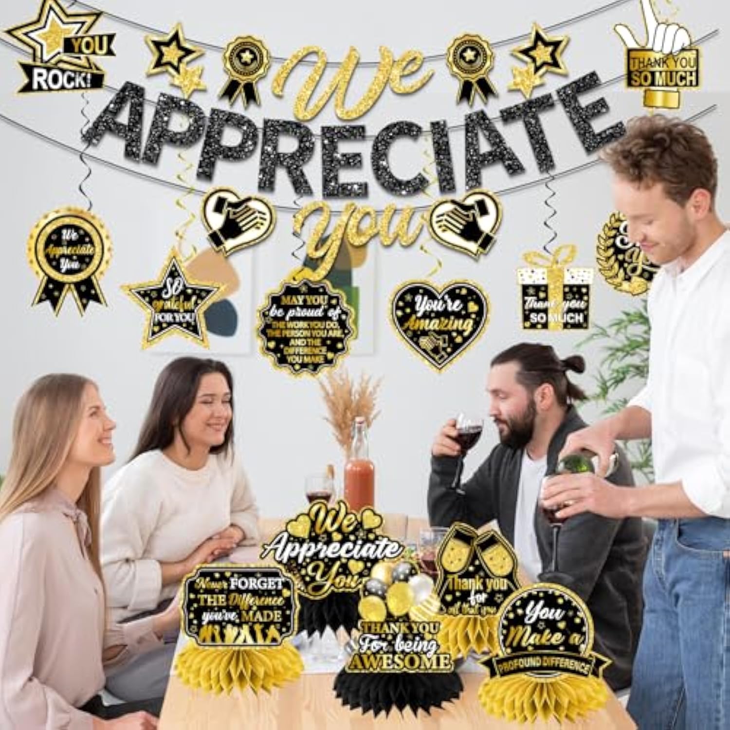 We Appreciate You Decorations, Black Gold Thank You Decorations Includes We Appreciate You Banner And Employee Appreciation Table Decorations And Hanging Swirls For Pastor Appreciation Decorations