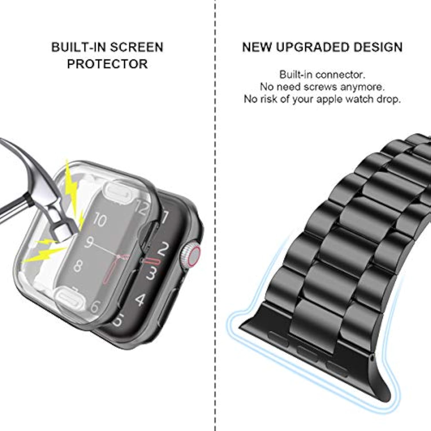 Compatible With Apple Watch Bands 44Mm Series 6 5 4 Se, Upgraded Stainless Steel Band With Iwatch Screen Protector Case For Men Women Black/Black