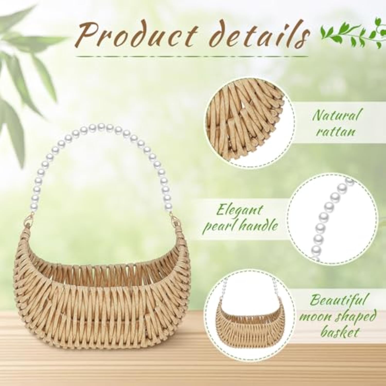 2 Pcs Rattan Flower Girl Basket With Pearl Handle Small Half Moon Wicker Basket For Wedding Flower Girl Picnic Garden Storage And Home Decor