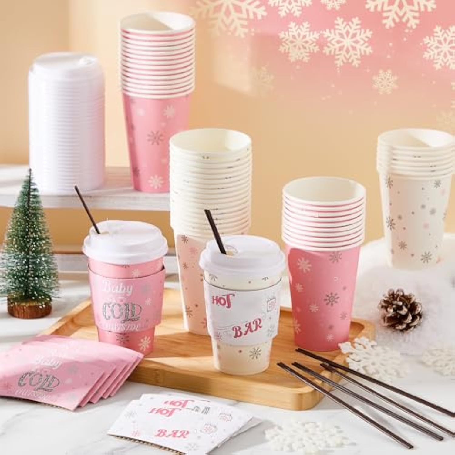 50 Sets 16 Oz Winter Baby Shower Party Coffee Cup Sets, Baby It'S Cold Outside Snowflake Hot Cocoa Bar Paper Cups With Lids, Sleeves Stirrers For Christmas Birthday Decoration(Pink And White)