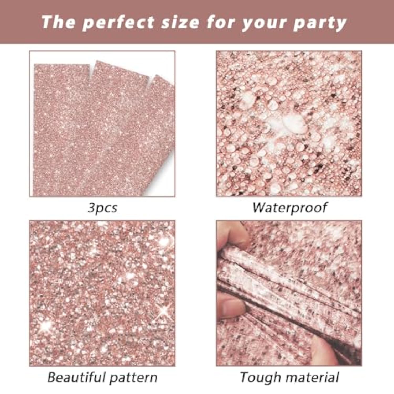 3Pcs Pink Rose Golden Birthday Party Tablecloths Rose Gold Sequin Plastic Table Cover Glitter Diamonds Happy Birthday Background Girls For Wedding, Graduation, Anniversary, Holiday(Plastic)