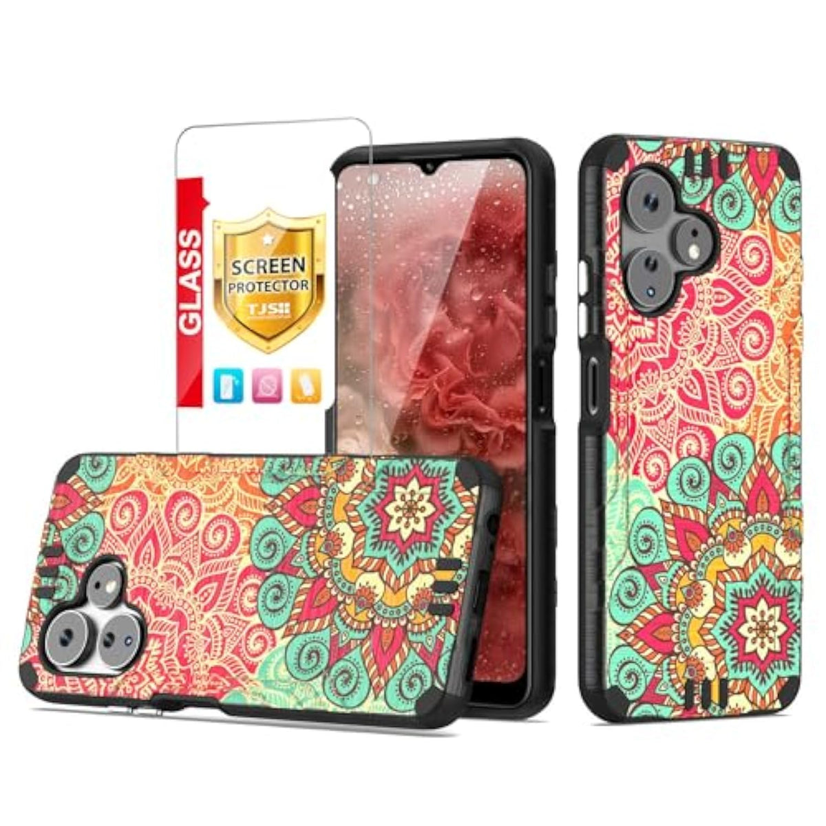 Compatible For Boost Mobile Celero 5G + Plus 2024 (3Rd Version) Case, Tempered Glass Screen Protector Hybrid Shockproof Metallic Brush Finish Celero3 5G + Phone Case (Mandala)