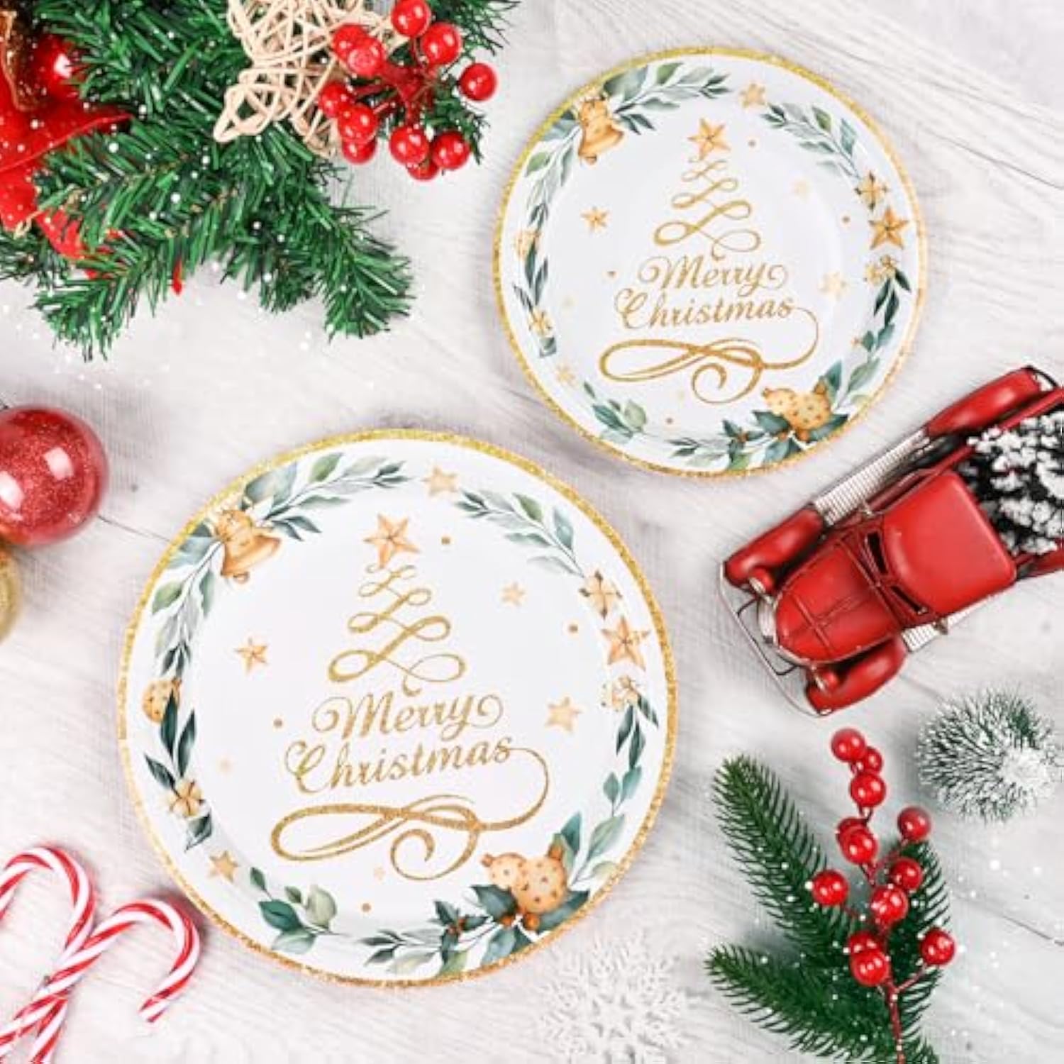 200 Pcs Christmas Paper Plates And Napkins, Christmas Tree Gold Plates And Napkins Disposable, Christmas Dinner Plates And Napkins Serve 50 Guest, Christmas Party Table Decorations