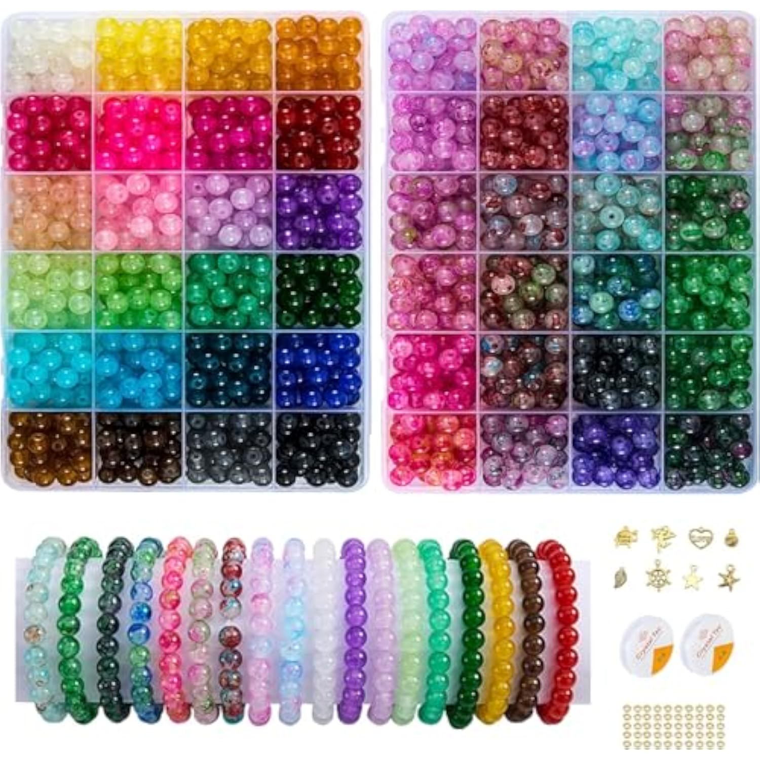 1300+pcs 8mm Glass Beads, 48 Colors for Jewelry Making & Crafts