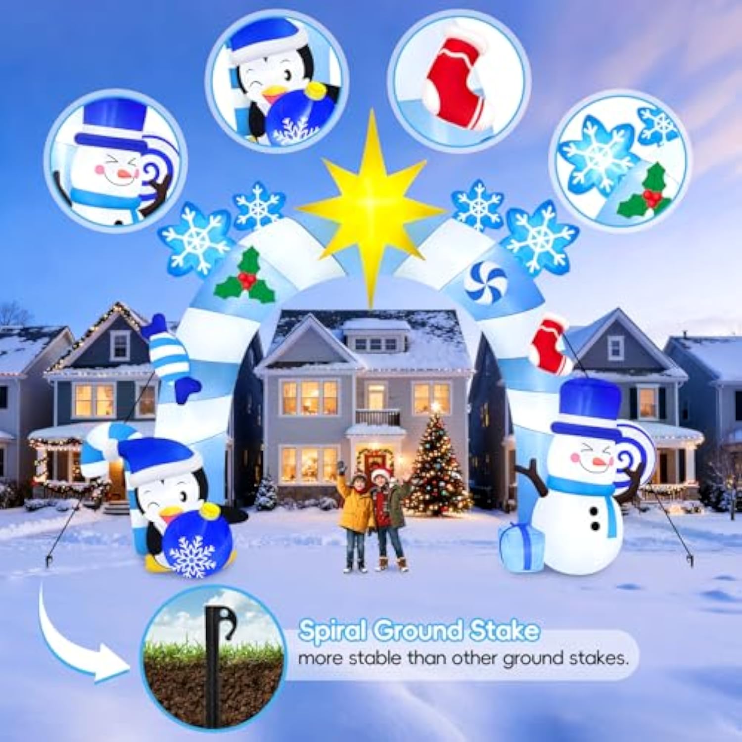 16Ft Christmas Inflatable Archway With Led Light, Blue Winter Snowman Penguins Inflatable Merry Christmas Blow Up Outdoo