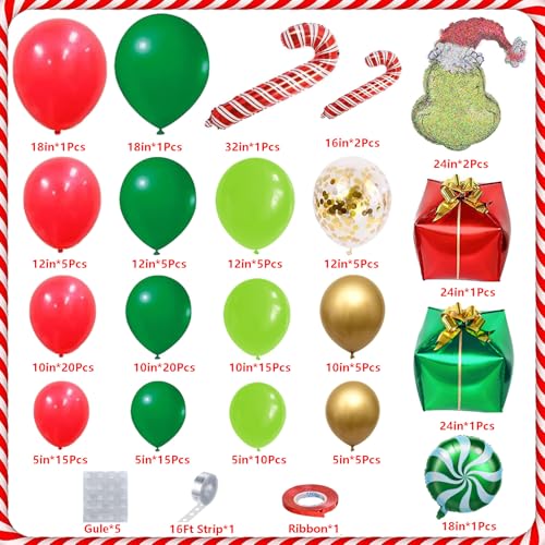 Christmas Balloon Garland Arch Kit with Xmas Red Green Gold Confetti Balloons Candy Cane Gift Box Foil Balloons for Christmas New Year Birthday Party Decorations