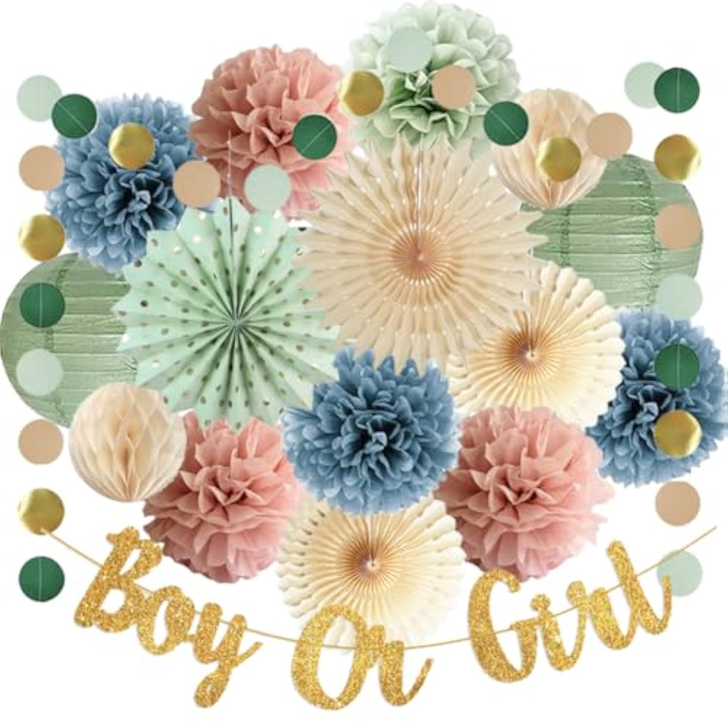 Baby Gender Reveal Decorations Sage Green Dusty Pink And Blue Baby Shower Decorations Boy Or Girl Banner Sage Dusty Pink Blue Paper Pom Poms Fans For Baby Girls Boys Shower Party Decor