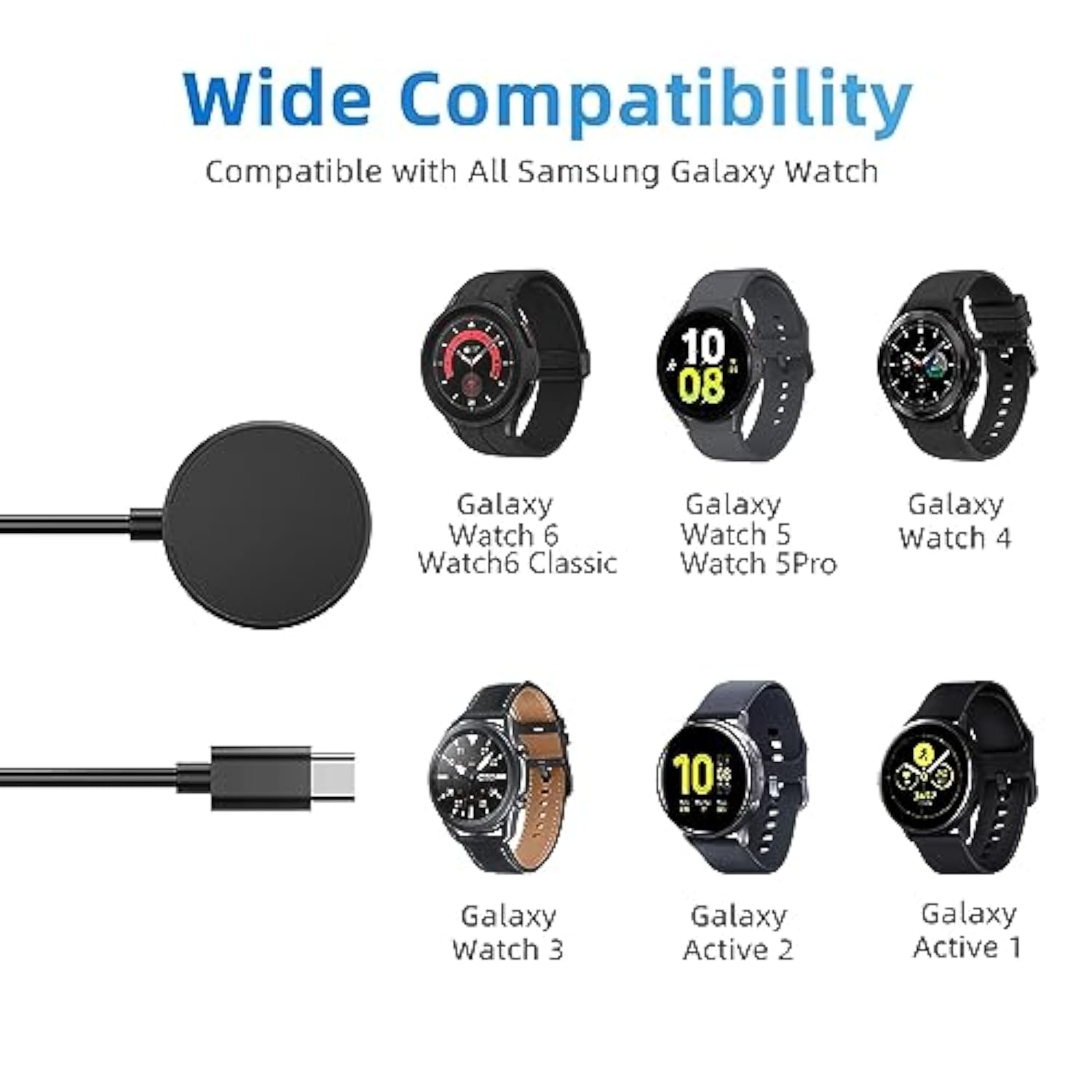 2 Pack Usb Type C Galaxy Watch Charger Cable Compatible With Samsung Galaxy Watch 7/6 Classic/6/5 Pro/5/4/4 Classic/3/Active 2/Active, Portable Wireless Charging Dock 3.3Ft…