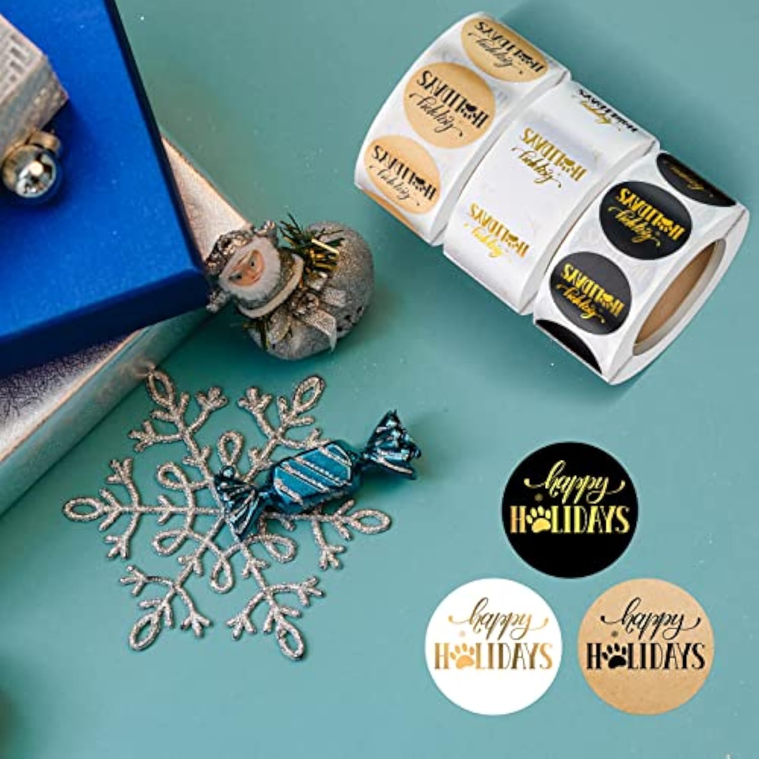 1500 Pieces 1 Inch Holiday Stickers Round Snowflake Paw Print Self-Adhesive Christmas Package Stickers For Envelopes Gold Foil Happy Holiday Decal For Christmas Decor And Party Supplies