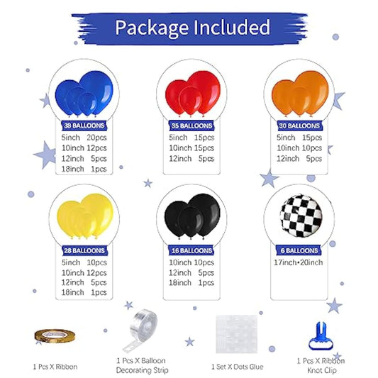 Race Car Birthday Party Supplies - 153 Pcs Car Wheels Birthday Balloon Garland Arch Kit, Red Yellow Blue Black Checkered Foil Balloon Arch For Racing Car Monster Party Decorations
