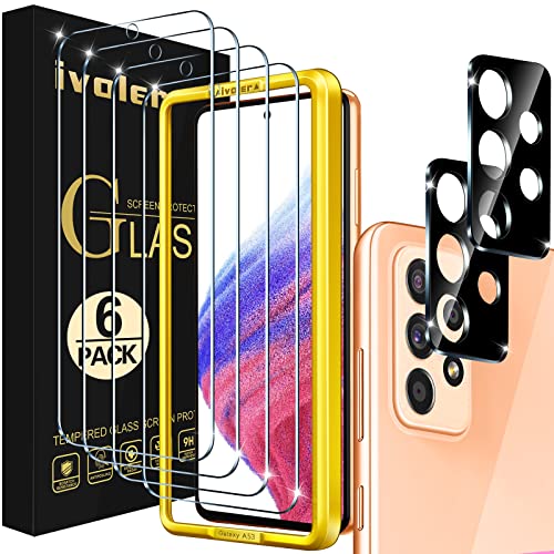 [4+2 Pack] Screen Protector For Samsung Galaxy A53 5G 6.5" 2022 [4 Pack] With [2 Pack] Camera Lens Protector Tempered Glass With [Alignment Frame] Transparent Hd Clear Anti-Scratch, 6.5 Inch