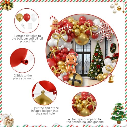 Christmas Balloon Arch 120 PC, Red Gold White for Xmas Party
