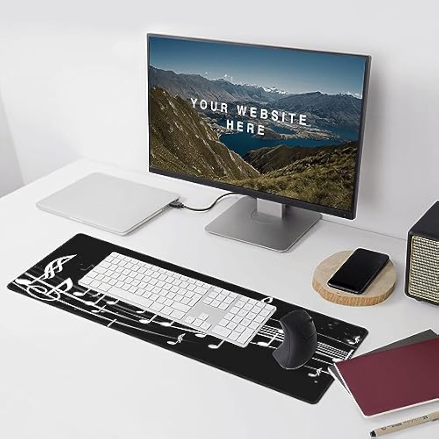 Laptop Mouse Pad Music Symbol Notes On Black Desk Mat With Stitched Edges 31.5X 11.8 Inch Non-Slip Large Keyboard Rubber Writing Table Mat For Office Home