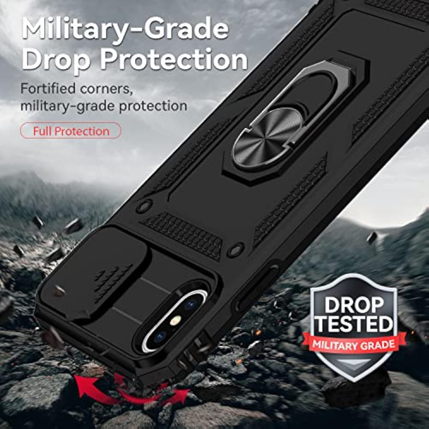 For Iphone X Case,Iphone Xs Case,With Slide Camera Cover Hd Screen Protector,[Camera Protection] [Magnetic Rotate Kickstand] Military Grade Shockproof Heavy Duty Protective Cover-Black
