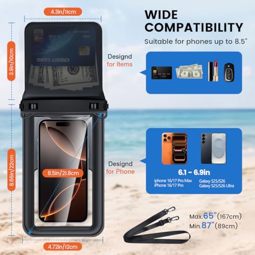 Floating Waterproof Phone Pouch 2 Pack, IPX8 Waterproof Phone Case with Double Space, Beach Cruise Vocation Essentials, Underwater Cell Phone Dry Bag