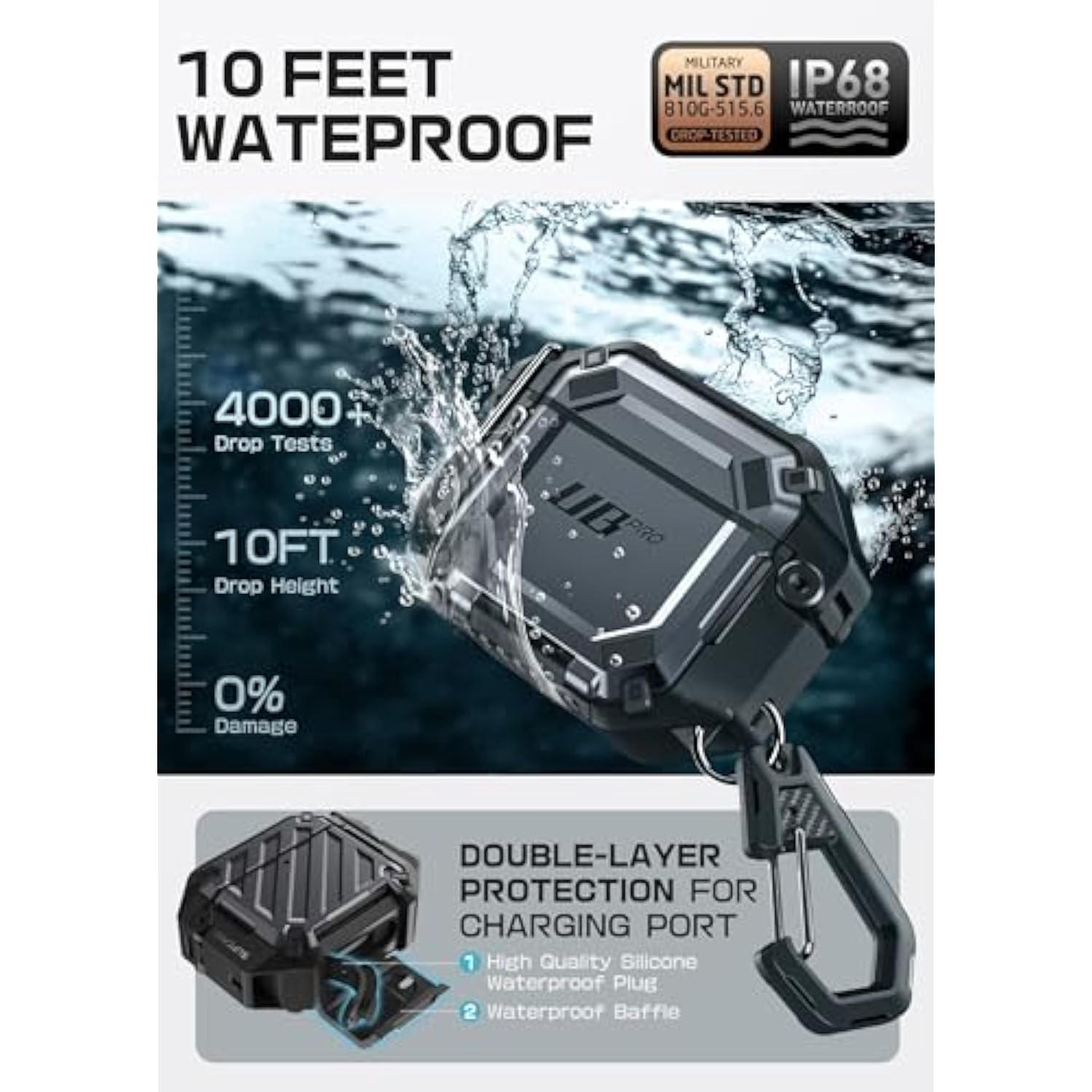 SUPCASE for AirPods 4 Case with Lock & Carabiner (Unicorn Beetle Pro), [IP68 Waterproof] [Military-Grade Protection] [Supports Wireless Charging] Anti-Scratch Hard Shell Waterproof Cover, Black