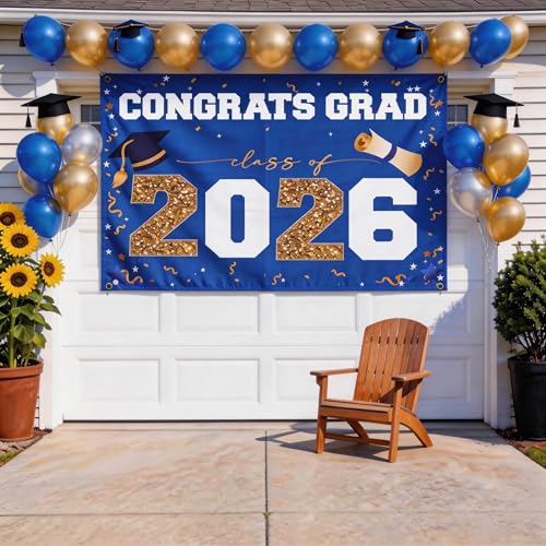 Graduation Decorations 2026 Large Outdoor Banner - Blue Gold - Waterproof 47x67" Class of 2026 Porch Sign for High School College Graduates Party Supplies