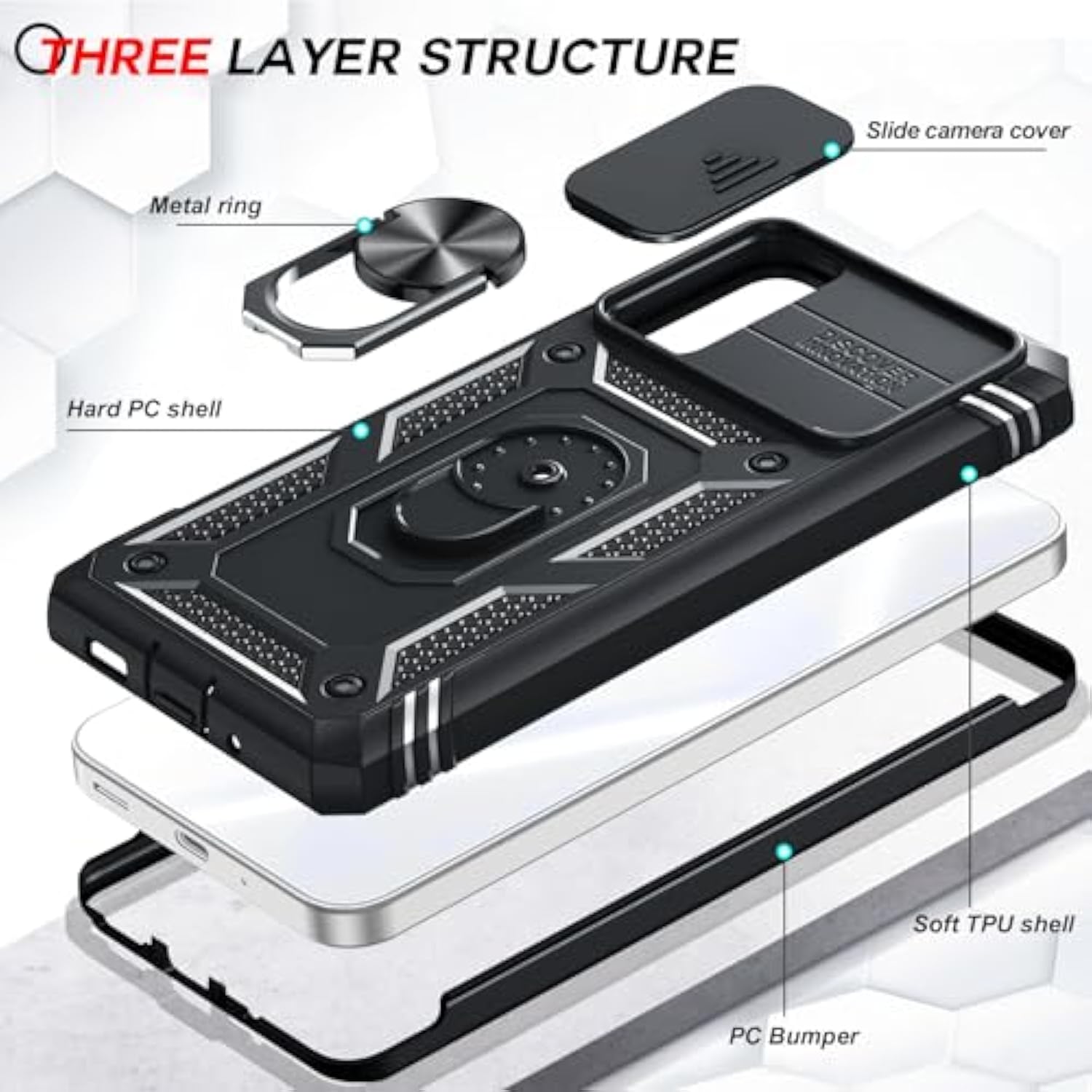 Compatible For Samsung Galaxy A53 5G Case With Slide Camera Cover + (2 Packs) Tempered Glass Screen Protector, 360 Full Body -Grade Phone Case With Kickstand, Black