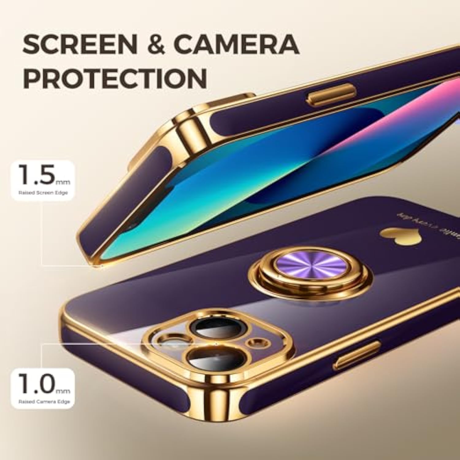 iPhone 13 Case with 2 Screen Protectors and Rotating Ring Holder Purple