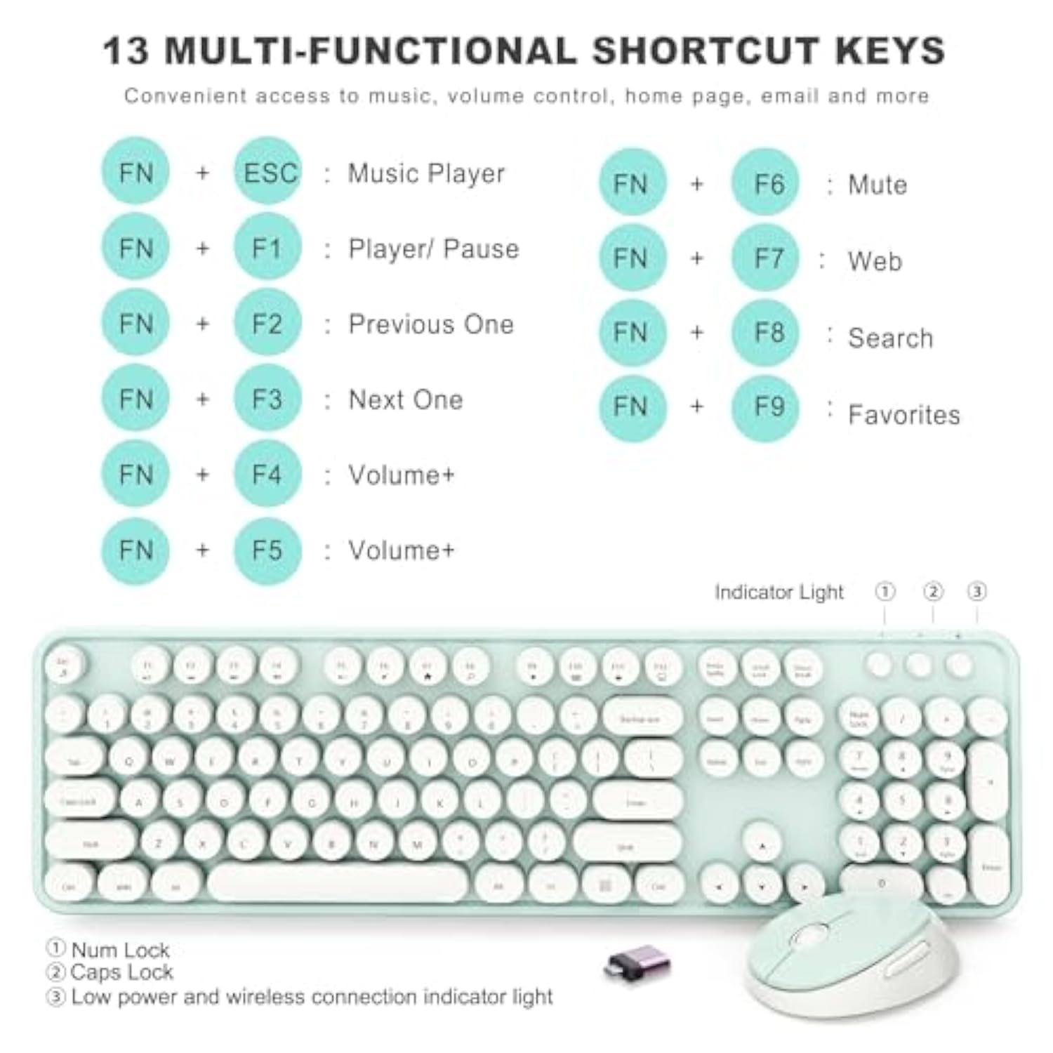 Wireless Keyboard And Mouse Combo, Ergonomic Full Size Typewriter Retro Round Keycaps Keyboard, Compatible With Windows, Pc, Perfer For Home And Office Keyboards?Green?