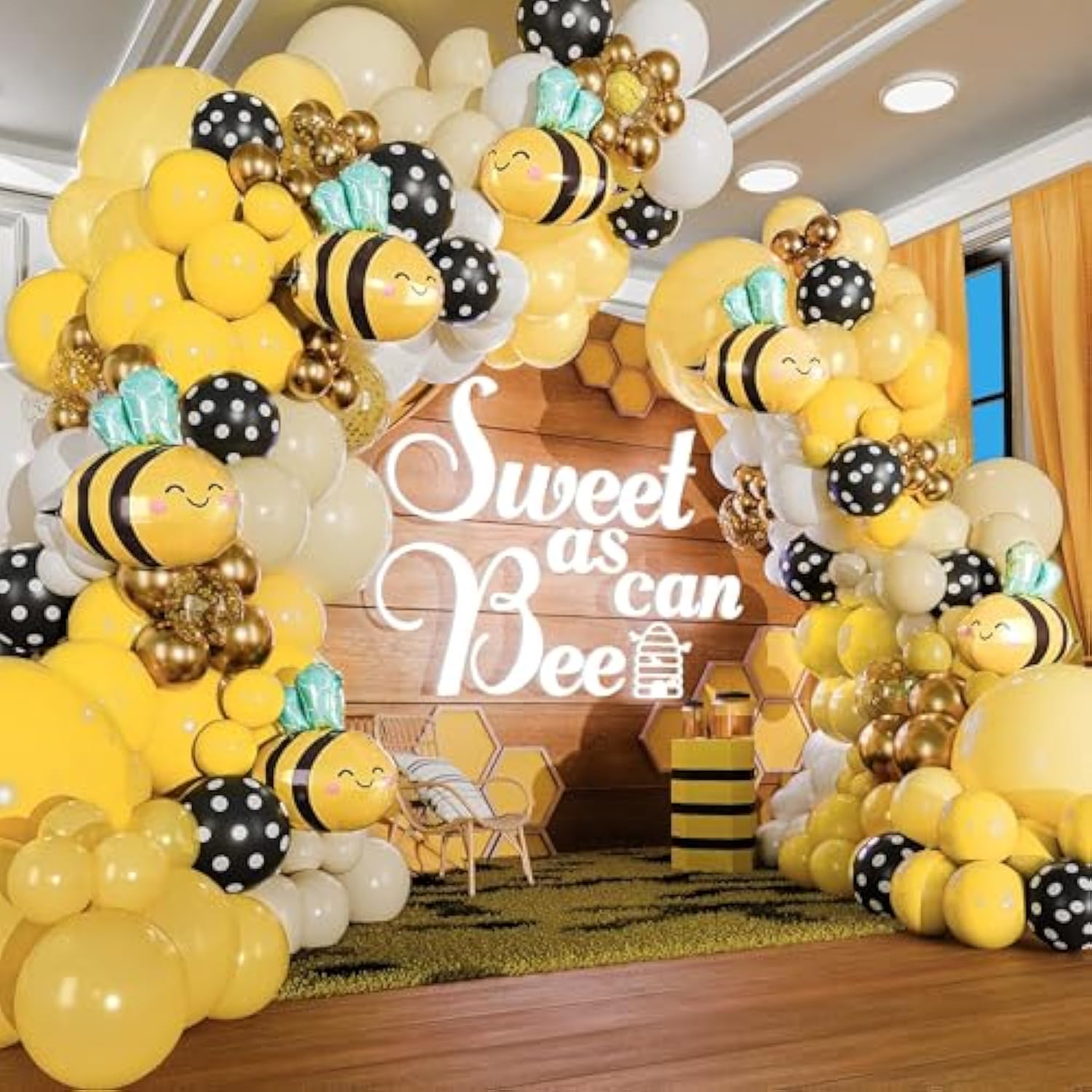 All-In-1 Bee Balloons Garland Kit & Arch - Small And Large Black Yellow And White Bumble Bee Balloons For What Will It Bee Gender Reveal Party Supplies, Baby Shower Decorations, Or Honey Bee Birthday