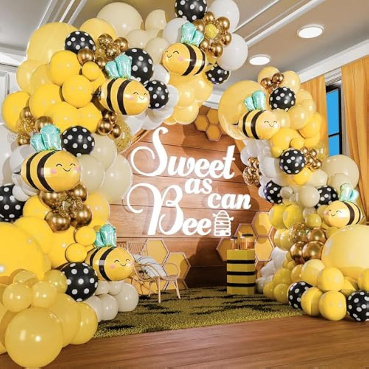 All-In-1 Bee Balloons Garland Kit & Arch - Small And Large Black Yellow And White Bumble Bee Balloons For What Will It Bee Gender Reveal Party Supplies, Baby Shower Decorations, Or Honey Bee Birthday