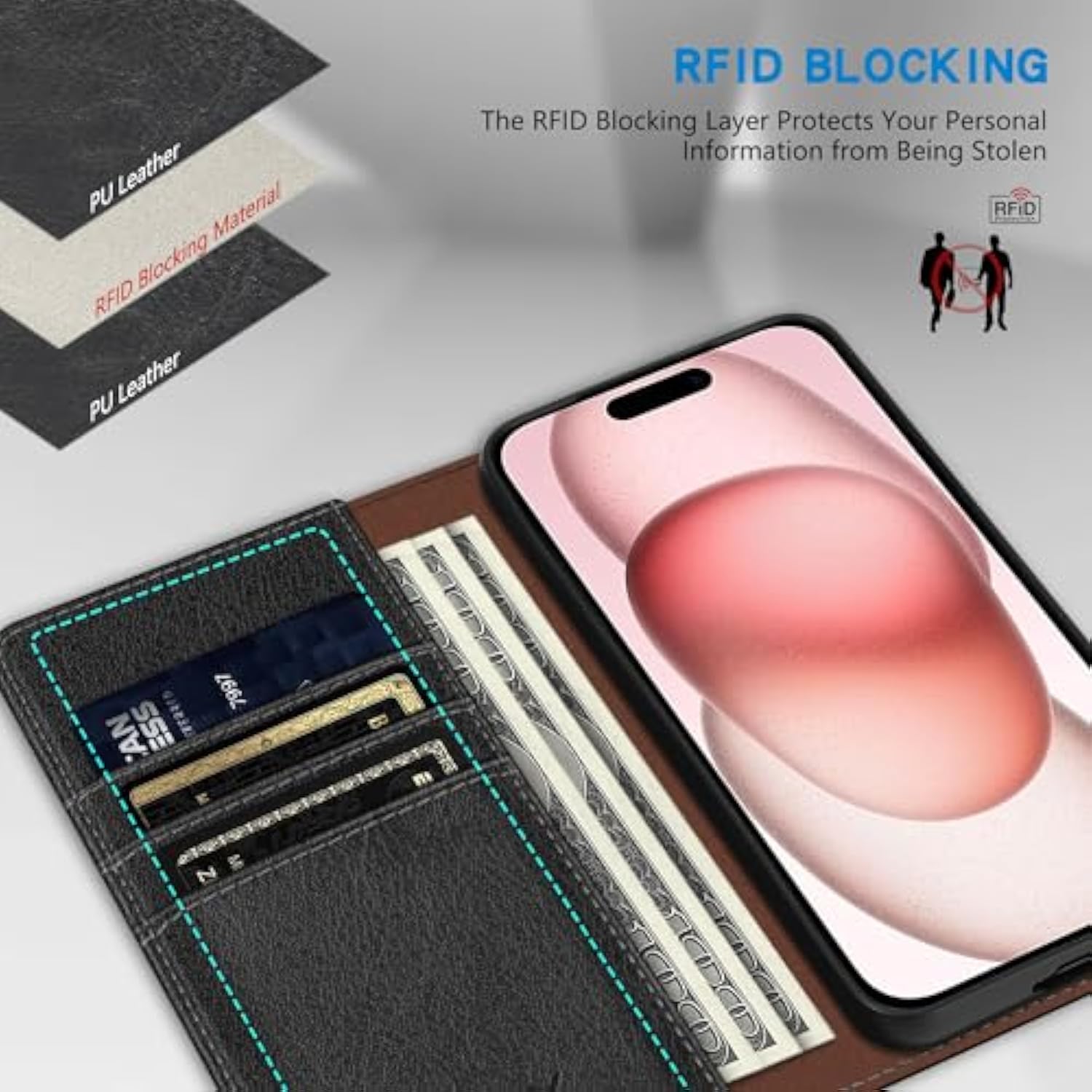 For Iphone 15 Wallet Case With [Rfid Blocking] Card Slot Stand Strong Magnetic Leather Flip Fold Protective Phone Case For Iphone 15 Case Wallet(Black-6.1 Inch)