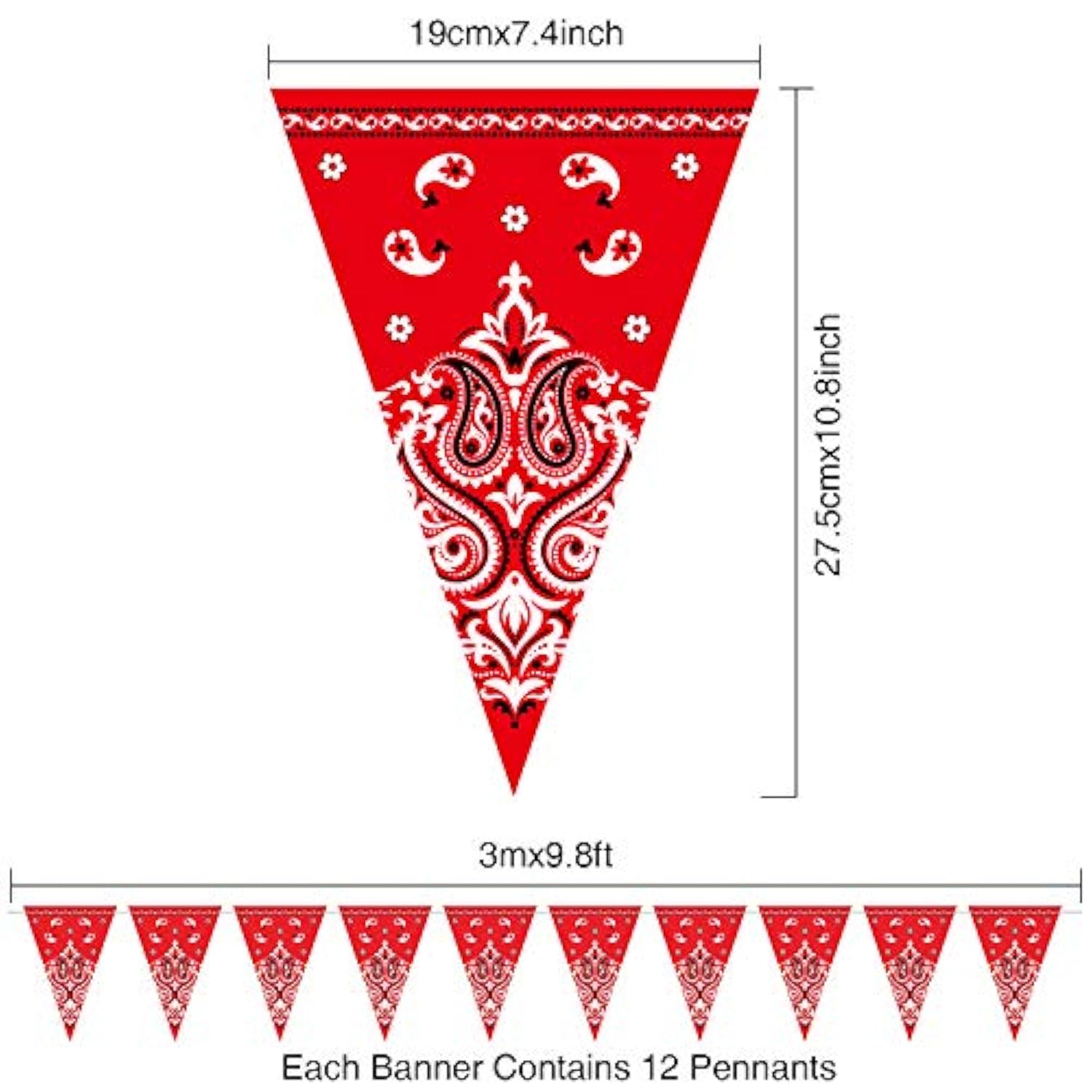 5 Pack Western Cowboy Party Decorations Bandana Pennant Banner Wild West Decor Western Cowboy Themed Yee Haw Country Party Decoration Supplies 9.8 X 5 Ft(Red Paisley)