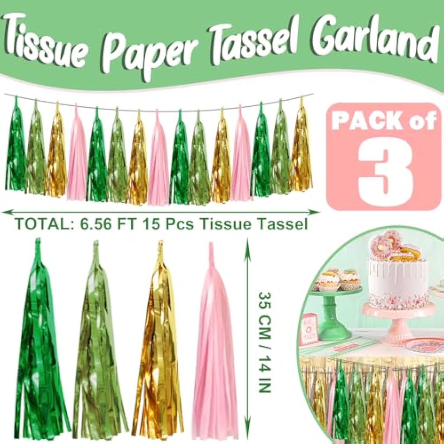 3P Sage-Green Pink-Gold Foil Fringe Metallic Tassel Garland, Tassels Banner Streamers For Parade Floats, Bachelorette, Wedding, Birthday, Halloween, Christmas, Bridal/Baby Shower Party Decorations