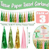 3P Sage-Green Pink-Gold Foil Fringe Metallic Tassel Garland, Tassels Banner Streamers For Parade Floats, Bachelorette, Wedding, Birthday, Halloween, Christmas, Bridal/Baby Shower Party Decorations