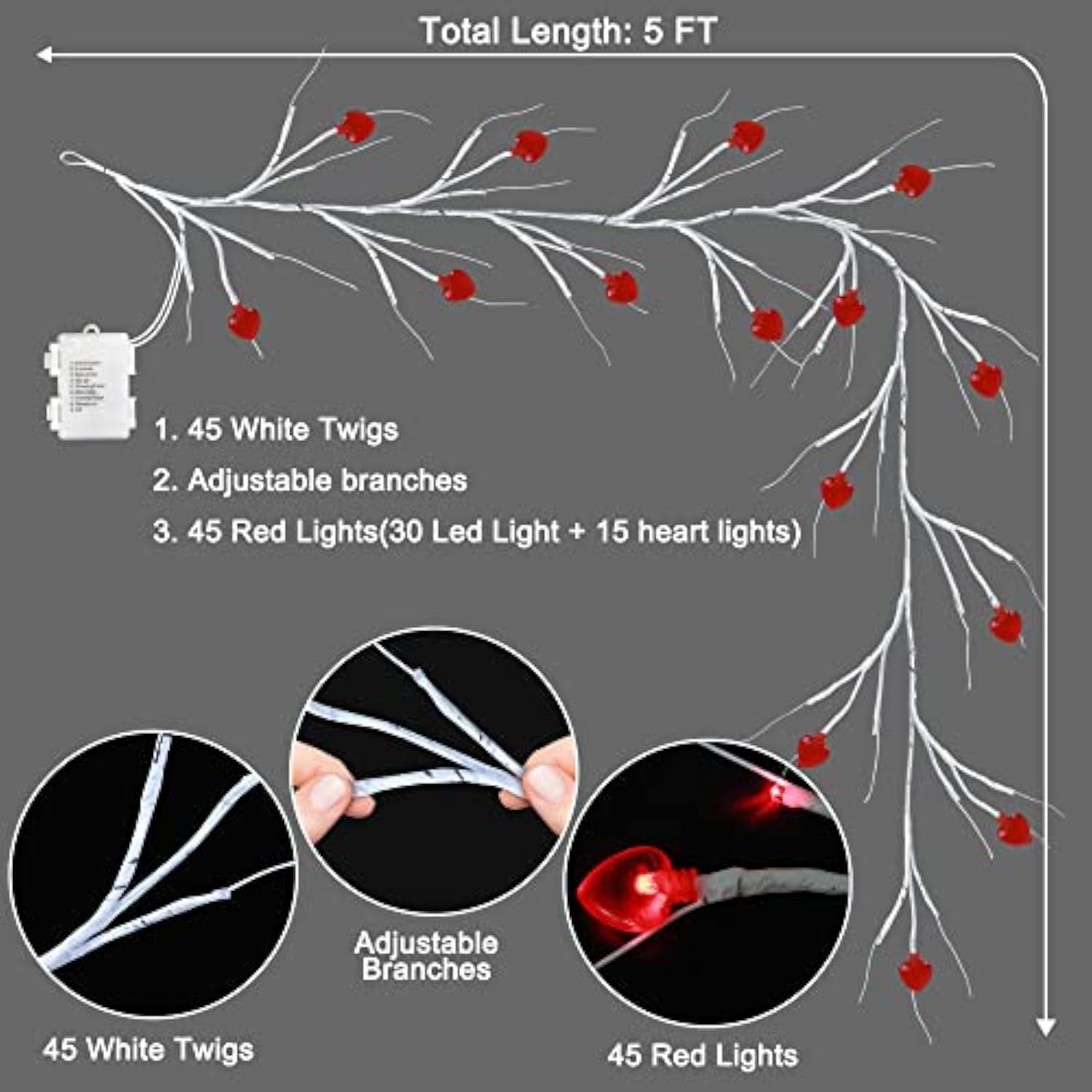 [Timer] Valentines Day Decor Willow Vine With Red Heart Lights, 5Ft 45 Led Valentines Day Garland With Light Battery Operated 8 Modes Valentines Day Lights Romantic Decorations For Home Table Wall