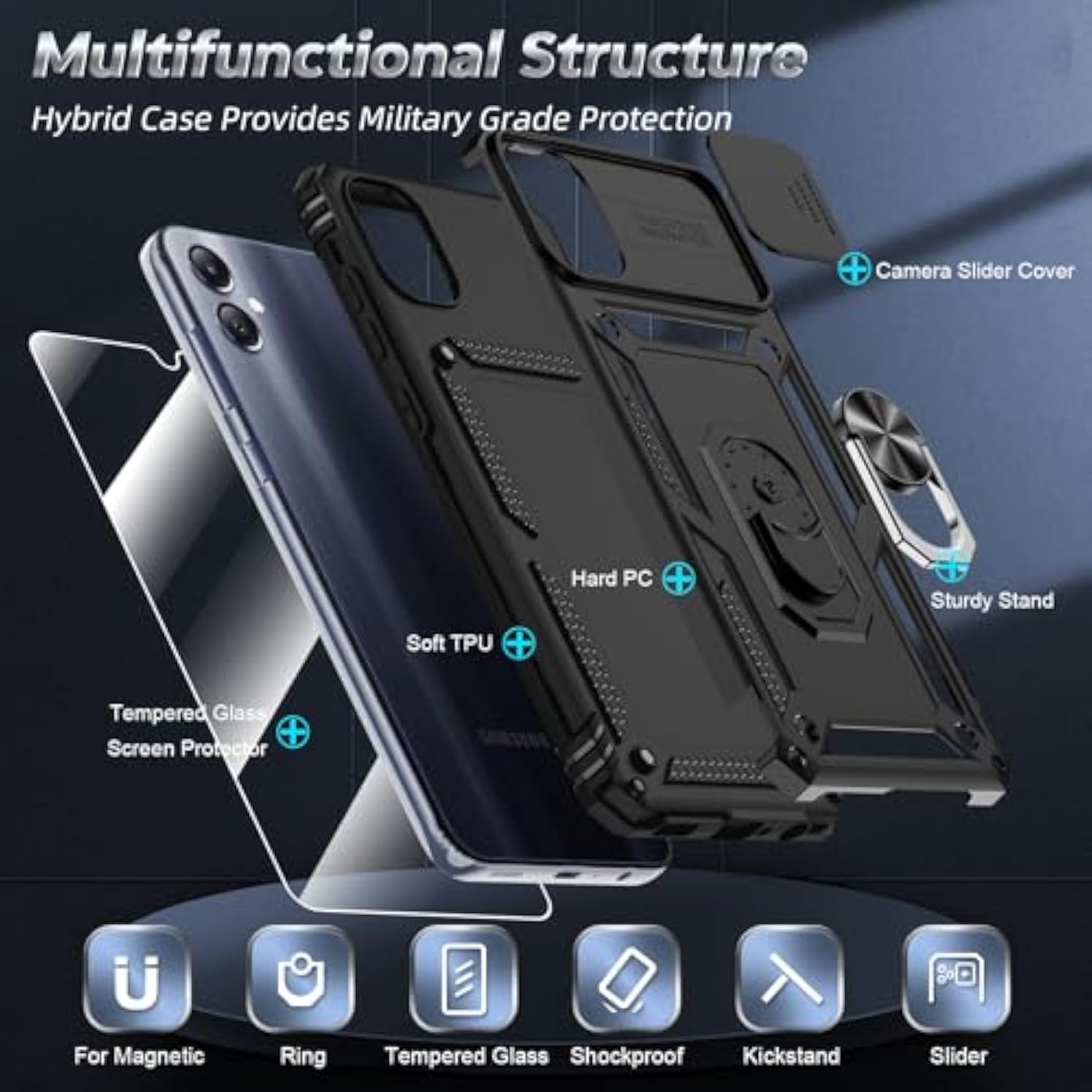 For Galaxy A05 Case, Samsung Ao5 Phone Case With Slide Camera Cover + Tempered Glass Screen Protectors, Military-Grade Cell Phone Case Cover With Metal Ring Kickstand For Samsung A05, Black